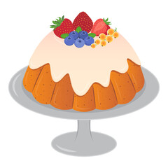 Pudding with cream and fruits in plate. Cartoon cake sweet food element. Vector illustration isolated on white background. 