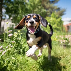  a playful puppy, in a lush green park in mid-play, with a joyful expression and dynamic posture.
