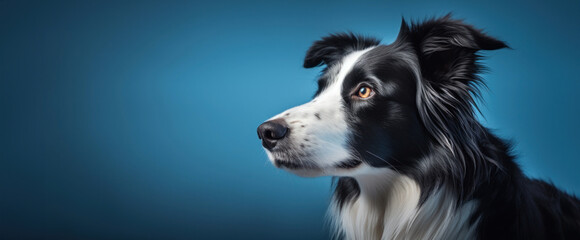 Fototapeta premium A banner with a Border Collie with black and white fur looking attentive against a blue background.