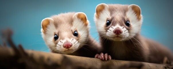 A banner with two inquisitive ferrets peeking over a log, with a soft blue background highlighting their curious expressions.
