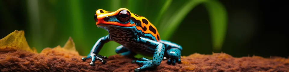 Foto op Aluminium A banner with a vibrant poison dart frog with striking orange and blue colors. © Ярослава Малашкевич
