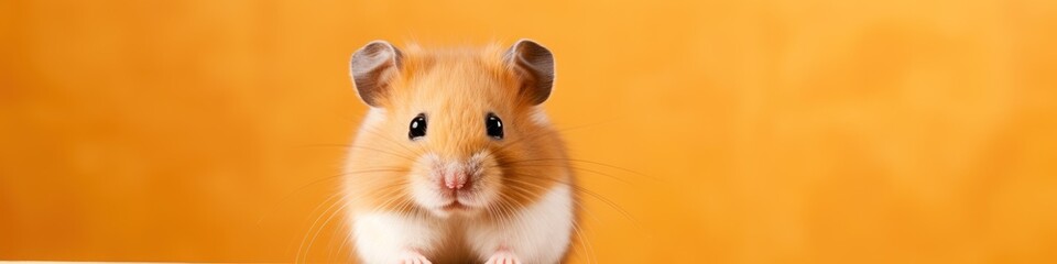 a banner with a cute small hamster with cheek pouches full, set against a warm orange background , sense of coziness and charm.