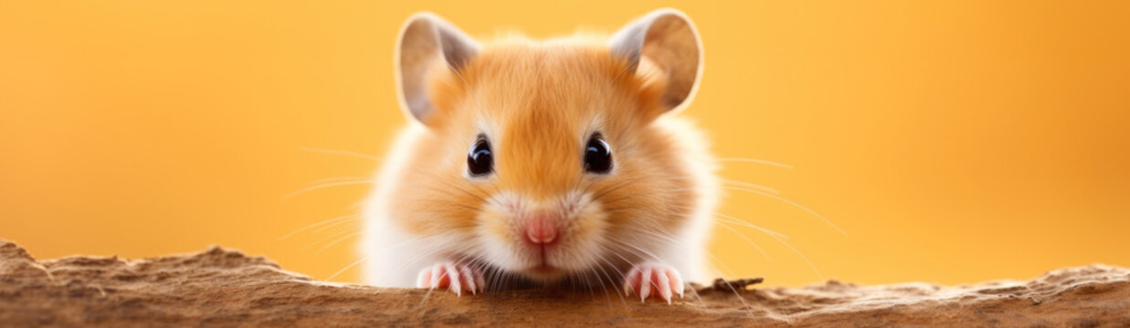 A banner with a fluffy cute hamster peeks over the edge of a wooden surface with a bright yellow background.
