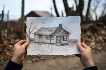 Hands holding a pencil sketch of a house with bare trees and a flying bird in the background, blending the drawing with the natural environment symbolizing poverty, homelessness and war consequences 