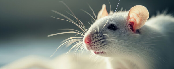 A banner with a white rat with a gentle expression is illuminated by soft light, highlighting its delicate features and red eyes.