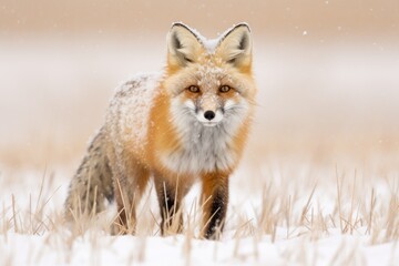 Fototapeta premium A red fox in a snowy landscape, with snowflakes gently falling around its alert face and fluffy tail