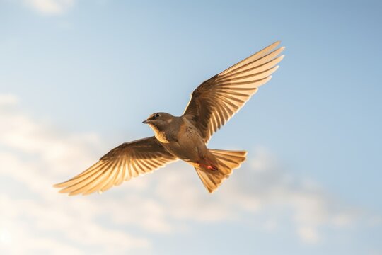 A bird with outstretched wings flies across a clear sky, capturing a moment of freedom and grace