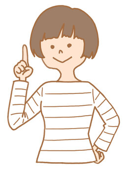 A woman with a short cut points her index finger upward, explaining, guiding, and introducing.