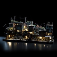An isolated 3D model of a war destroyed mansion at night, with lights reflecting on the floor 