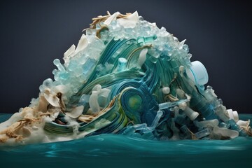 An artistic representation of a wave made from plastic waste, highlighting the issue of ocean pollution and the impact of human waste on marine ecosystems.