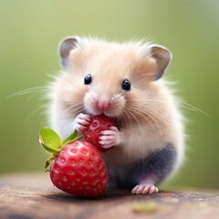 A close-up of a cute hamster with a cream and brown coat nibbling on a ripe red strawberry against a soft green background.