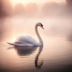 Fototapeta premium A graceful swan gliding on a misty lake at dawn, with the soft light creating a serene atmosphere.
