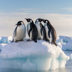 a group of penguins on a small melting iceberg symbolizing global warming 