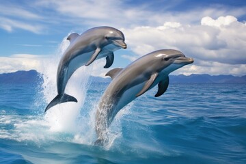 two dolphins leaping gracefully out of the blue sea, with a backdrop of distant mountains and scattered clouds in the sky.