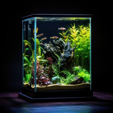 small, elegantly designed home aquarium, with vibrant tropical fish swimming amidst subtle green aquatic plants