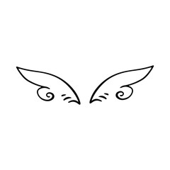 Doodle wings. Cartoon bird feather wings, religious angel wings ink sketch, black tattoo silhouette. Vector hand drawn blade wing sketch set for heraldic symbol emblem on white background