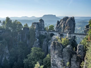 Photo sur Plexiglas Le pont de la Bastei Sandstone rock formations near the Bastei bridge, Lohmen, Saxony, Germany