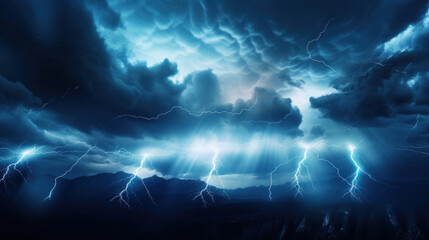 A powerful lightning storm illuminates the dark sky above a rugged mountain range, showcasing nature's fury.