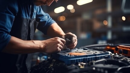 Male auto mechanic working in car repair service center Changing a car battery at an auto repair shop