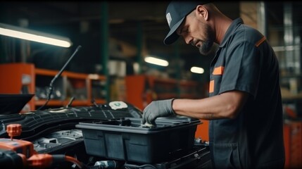 Male auto mechanic working in car repair service center Changing a car battery at an auto repair shop