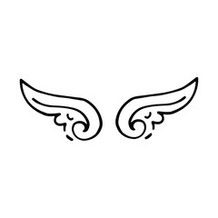 Doodle wings. Cartoon bird feather wings, religious angel wings ink sketch, black tattoo silhouette. Vector hand drawn blade wing sketch set for heraldic symbol emblem on white background