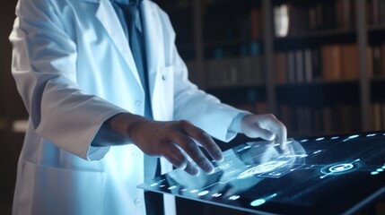 Medical scientist working with doctor touching electronic medical record on tablet in laboratory. Medical science and technology and future concepts