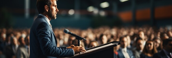 Side view of a man in a business suit or speaker at a conference and business presentation making a speech on stage in front of an audience - obrazy, fototapety, plakaty