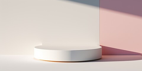 Modern geometric design for product display, using a white podium in sunlight with shadow on a white background.