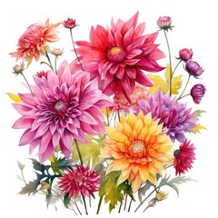 Chrysanthemums and dahlias painted in watercolor on white background