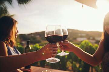 Two friends toasting with red wine glasses at sunset - obrazy, fototapety, plakaty