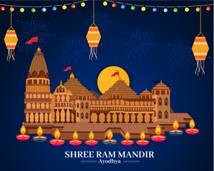 Ram mandir decorative with Diya's and colorful light to welcome lord ram in Ayodhya night view of ram mandir

