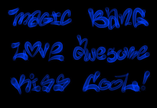 Collection of graffiti street art tags with words and symbols in blue color on black background