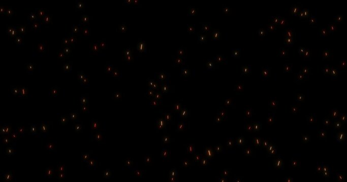 Orange sparks of abstract campfire on black background flying up. Seamless looping animation.