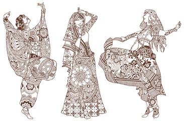 Indian girls in ornate mehndi costumes. Three girls on a white background.