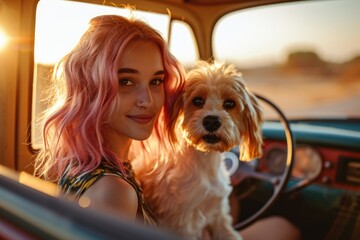 a cute woman is sitting in the car with her dog. Traveling with pets concept