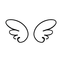 Doodle wings. Cartoon bird feather wings, religious angel wings ink sketch, black tattoo silhouette. Vector hand drawn blade wing sketch set for heraldic symbol emblem on white background