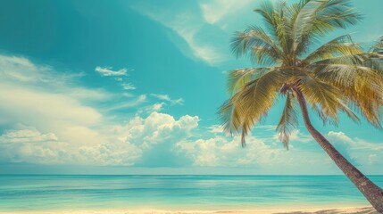 Fototapeta premium Palm tree on tropical beach with blue sky and white clouds abstract background. Copy space of summer vacation and business travel concept. Vintage tone filter effect color style.