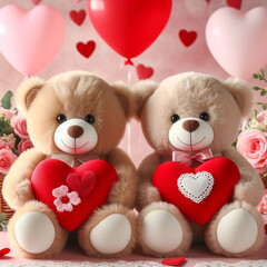 Teddy bears holding red hearts on a background of balloons. Valentine's Day Card