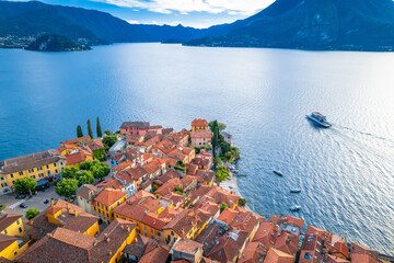 Town of Varenna Como lake waterfront aerial view - obrazy, fototapety, plakaty