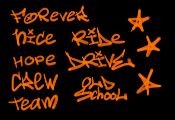 Collection of graffiti street art tags with words and symbols in orange color on black background
