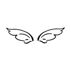 Doodle wings. Cartoon bird feather wings, religious angel wings ink sketch, black tattoo silhouette. Vector hand drawn blade wing sketch set for heraldic symbol emblem on white background