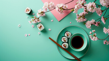 minimalistic spring pink and green background, place for text, sakura and Japanese dish