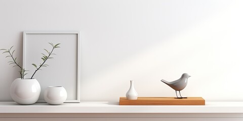 Minimalistic bird ornament on white table or shelf in contemporary white kitchen, modern interior design, . - Powered by Adobe