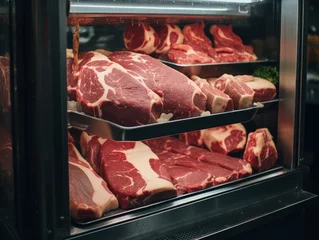 Fotobehang Raw red meat stored in cupboards, beef, mutton, pork, food preservation © Kedek Creative