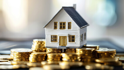 House mortgage, with golden stacks of coins