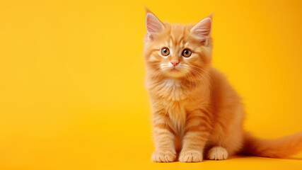 Adorable kitten isolated on orange background with copy space
