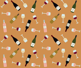 ワインボトルとグラスのシームレスパターン（背景素材）