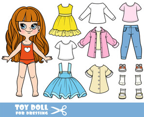 Cartoon girl with long wavy hair and clothes separately -  dress, skirt with straps, long sleeve, shirt, jeans and sneakers