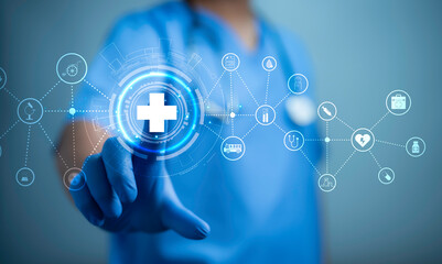 Health care and medical technology services concept. Medical worker using data virtual with health...