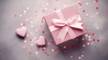 A pink gift box with a satin ribbon surrounded by small hearts on a grey background, perfect for Valentine's Day celebrations.